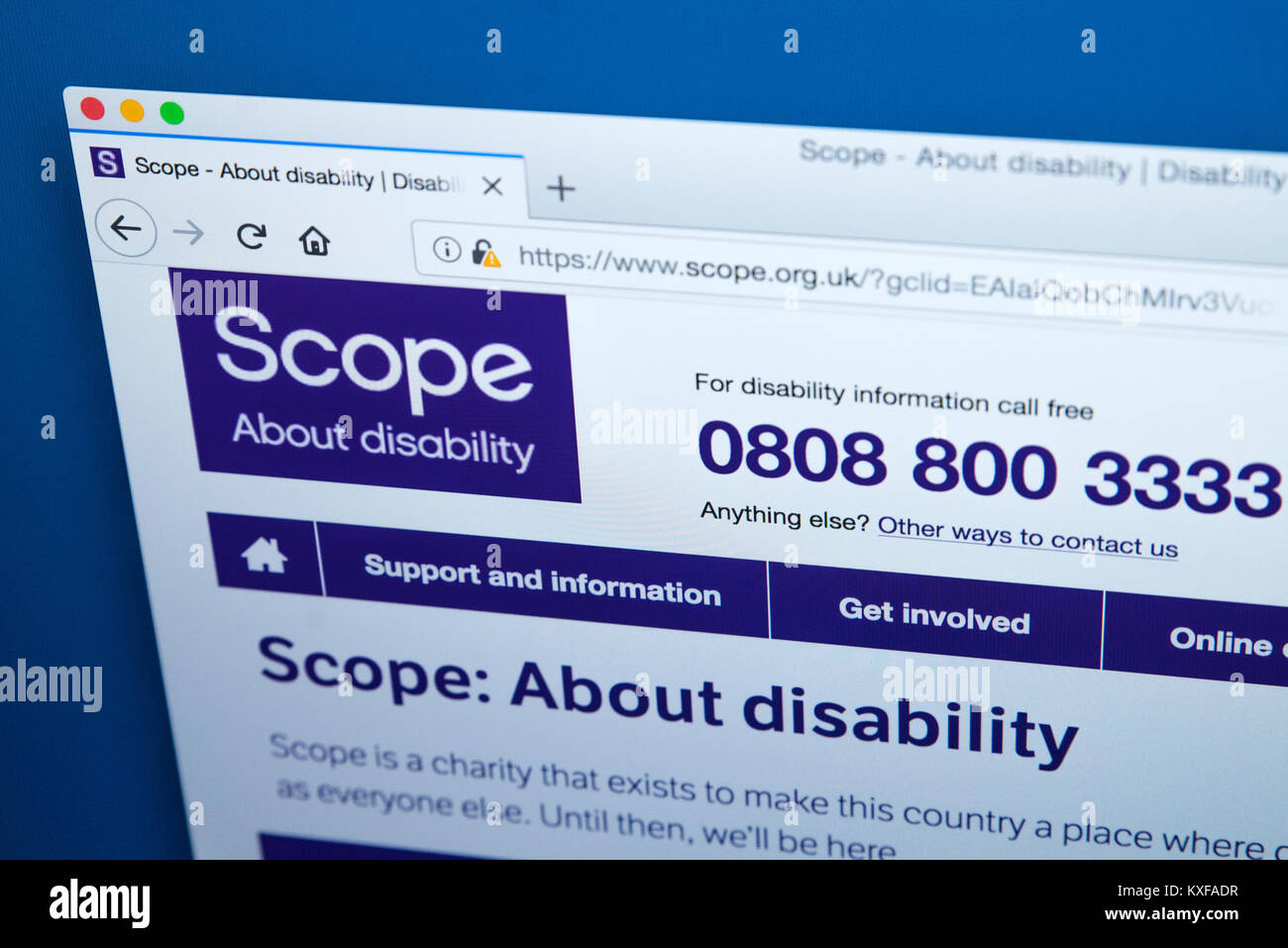 Londres, UK - 4 janvier 2018 : La page d'accueil du site web officiel de portée - le principal organisme de bienfaisance pour personnes handicapées en Angleterre et au Pays de Galles, le 4 janvier 20 Banque D'Images