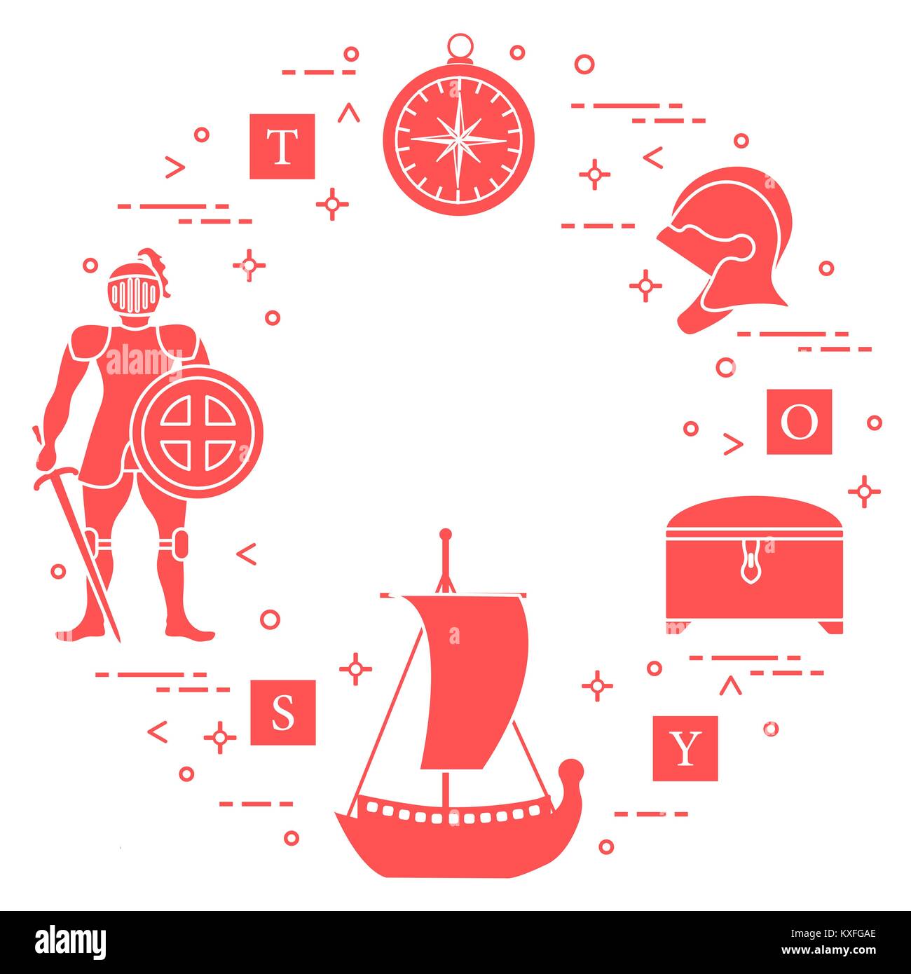 Chevalier Bouclier Epee Casque Coffre Au Tresor Boussole Navire Cubes L Element De Conception De Carte Postale D Un Bandeau Ou D Imprimer Image Vectorielle Stock Alamy