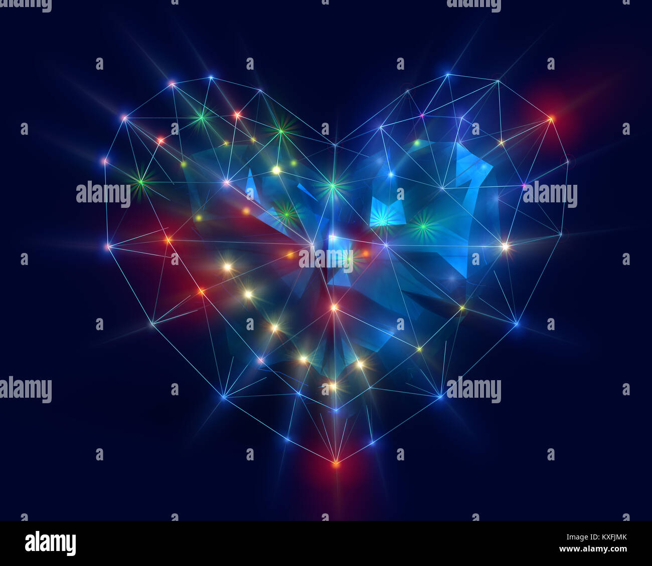 Abstract Heart en basse lumière colorée avec style poly sur le fond bleu foncé pour Happy Valentine's Day celebration. Le rendu 3D. Banque D'Images