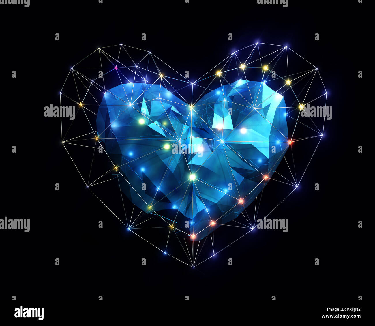 Abstract Heart en basse lumière colorée avec style poly sur le fond bleu foncé pour Happy Valentine's Day celebration. Le rendu 3D. Banque D'Images