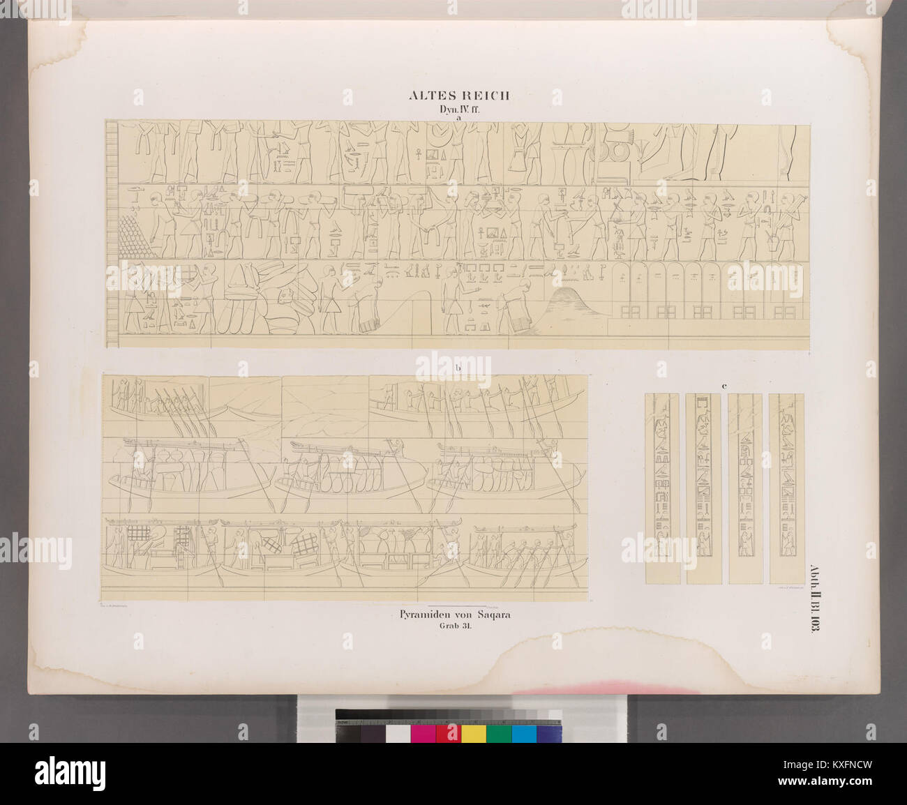Illustration de l'Égypte de l'ancien Empire, dynastie IV, montrant des tombes et des pyramides à Saqqarah, y compris la tombe 31, documentant l'architecture funéraire égyptienne primitive Banque D'Images