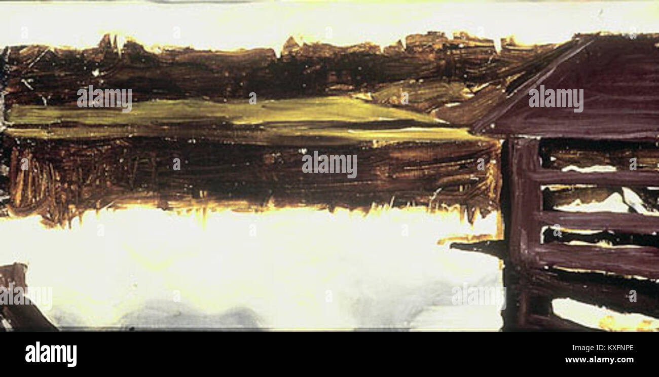 Une peinture de paysage de l'artiste finlandais Alvar Cawén représentant Korpilahti. L'œuvre d'art capture l'environnement naturel finlandais à travers le style impressionniste et l'utilisation des couleurs tonales. Banque D'Images