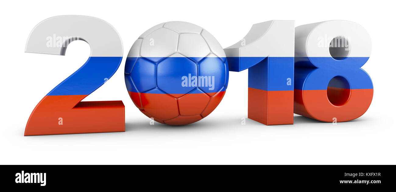 Les chiffres de 2018 volumétrique et un ballon de foot dans les couleurs du drapeau de la Russie. Le rendu 3d. Banque D'Images