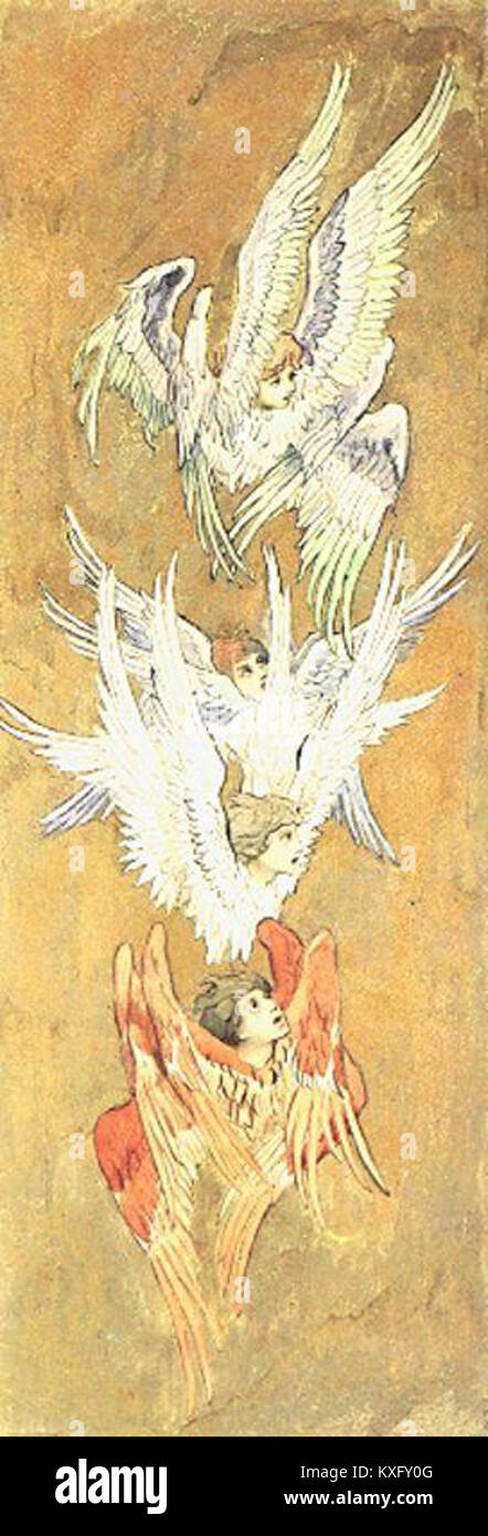 Les Séraphins sont des êtres célestes dans diverses traditions religieuses, souvent représentés comme des anges aux ailes multiples. Ils symbolisent la pureté, la lumière et la présence divine dans les contextes théologiques et religieux. Banque D'Images