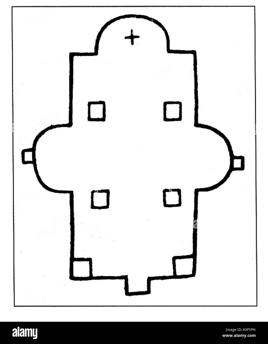 Le titre fait référence à une église avec des absides latérales, une caractéristique architecturale communément trouvée dans les structures religieuses d'Europe de l'est. Il met en évidence la disposition traditionnelle et les éléments de conception typiques de l'architecture chrétienne orthodoxe. Banque D'Images