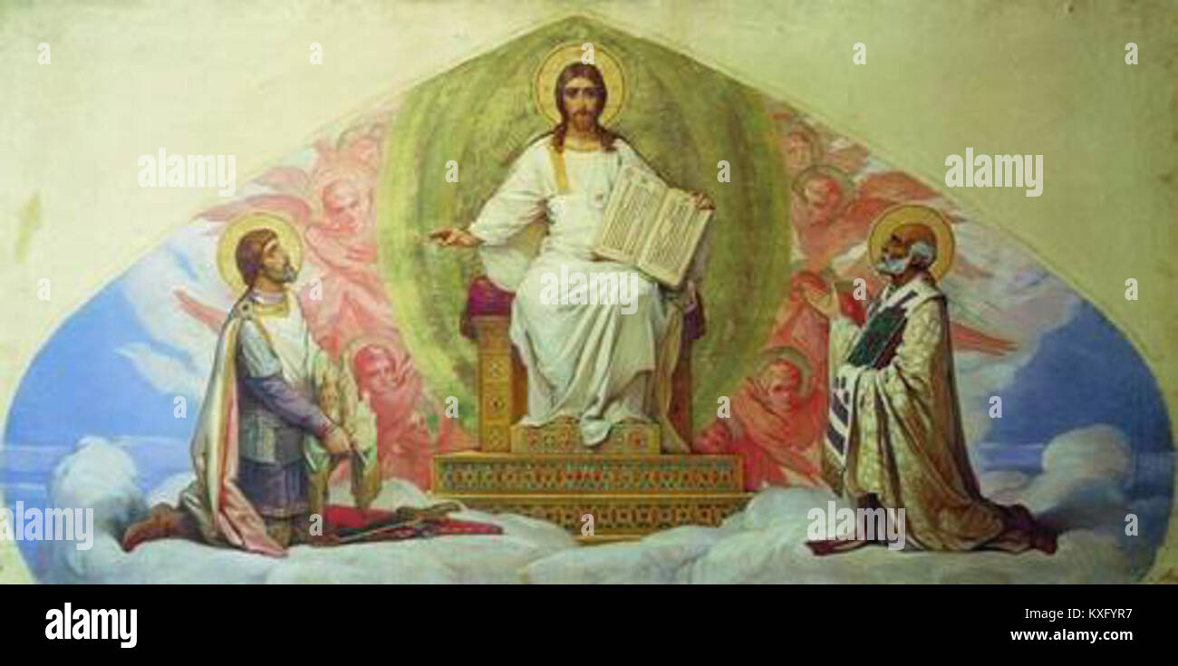 « Christ en gloire » est une icône chrétienne orthodoxe représentant le Christ assis sur un trône, entouré de séraphins et des quatre évangélistes. Cette iconographie, connue sous le nom de « Christ en Majesté », dépeint le Christ comme le souverain du monde, un thème central de l'iconographie chrétienne. L'image reflète le concept théologique de la souveraineté du Christ et de l'autorité divine. Banque D'Images