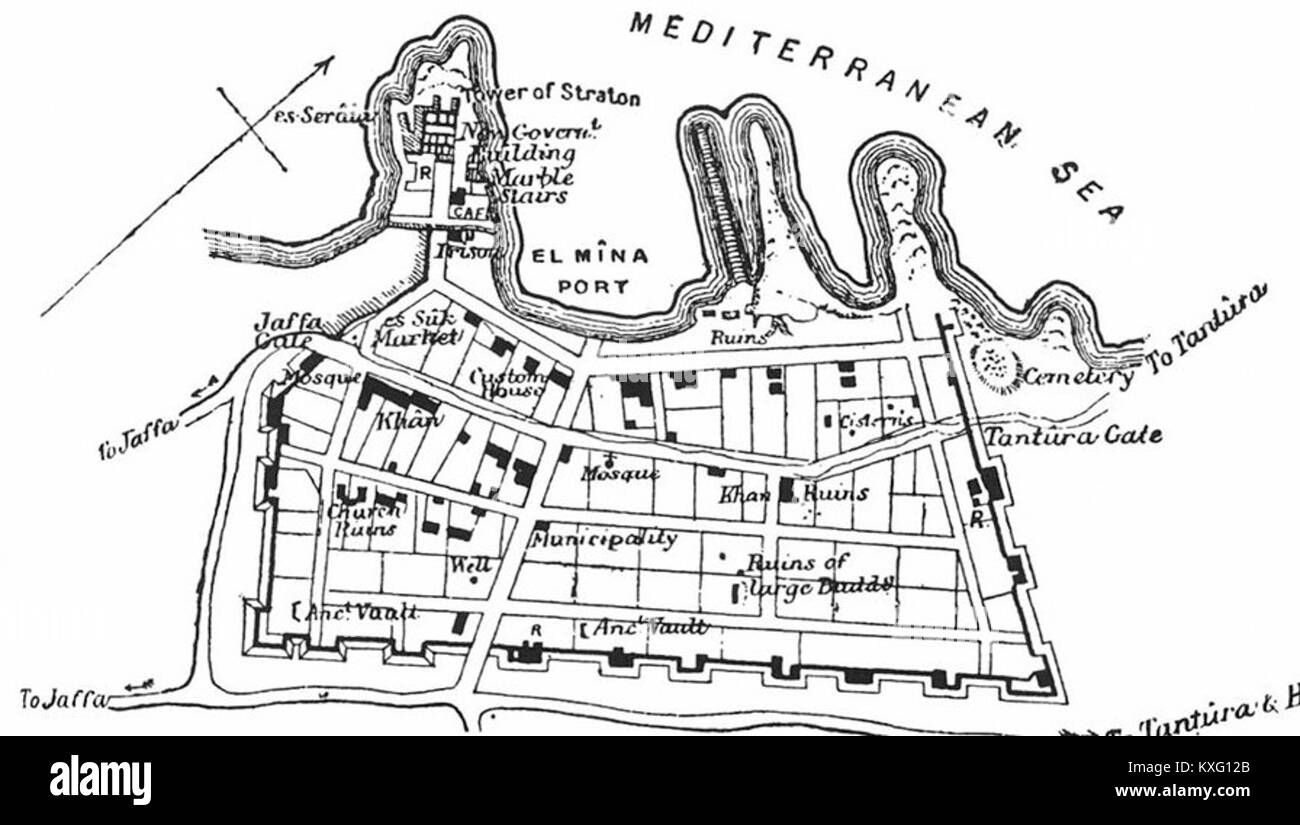 Ceci est une carte de Césarée, une ancienne ville située sur la côte méditerranéenne d'Israël. C'était un centre urbain important dans l'Antiquité, avec des ruines architecturales romaines et byzantines. La carte met probablement en évidence les principaux sites historiques de la ville. Banque D'Images