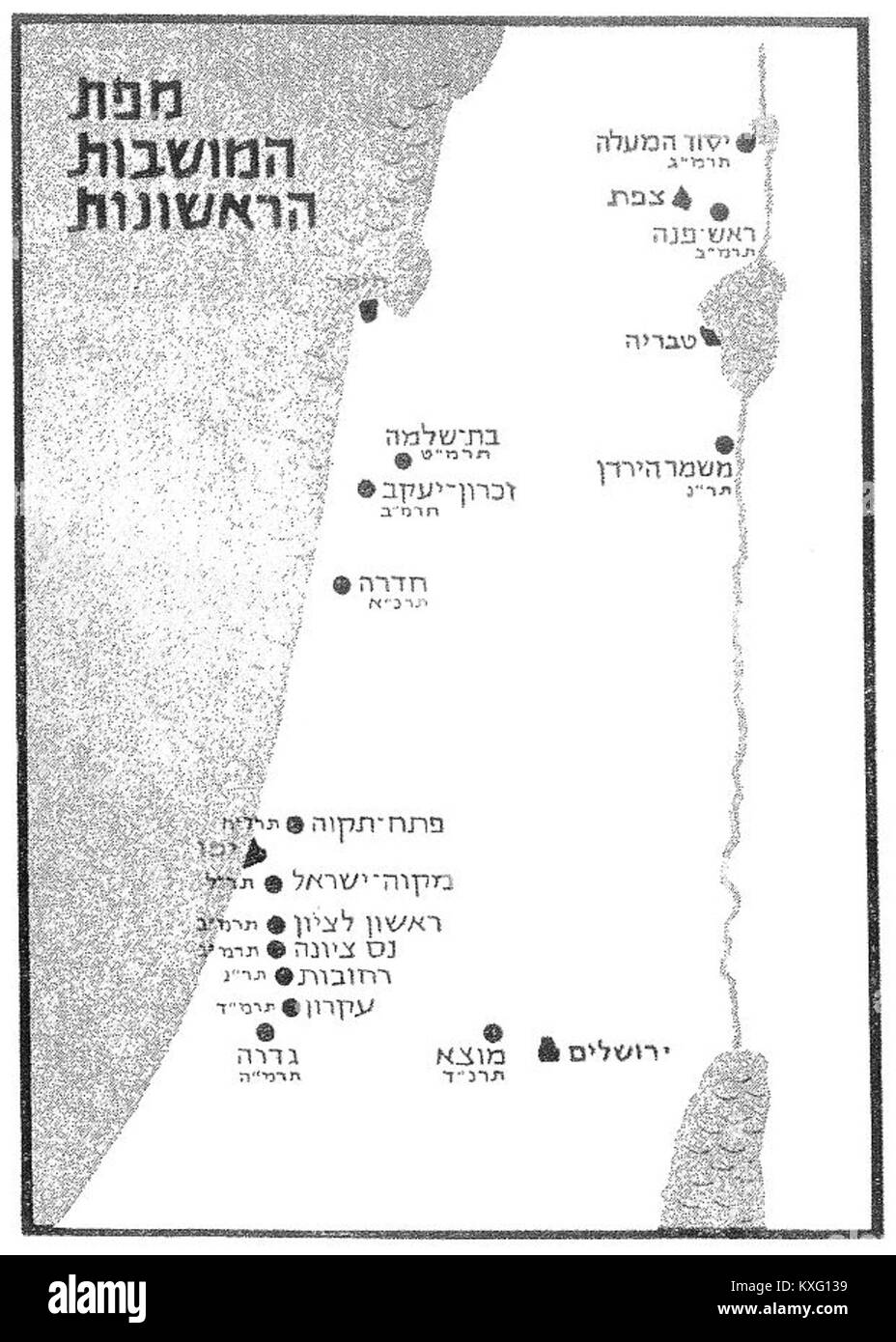 Une carte historique montrant les premières colonies agricoles juives (moshavot) dans Israël pré-état, documentant les premiers efforts de colonisation sioniste. Banque D'Images