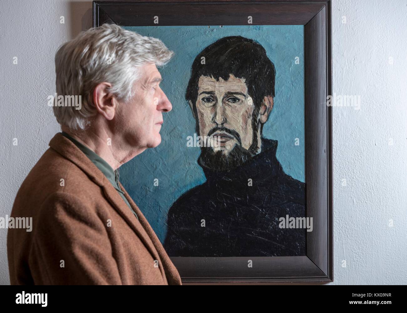 Edinburgh, Royaume-Uni. 9 janvier, 2018. Edinburgh's Open Eye Gallery présente une exposition de portraits par Alexander Moffat OBE LSF coïncide avec la publication de sa monographie, une vue de la Nation (Luath Press). Avec du texte par Bill Hare, le livre de graphiques Moffat éminente carrière comme portraitiste des grands de la culture écossaise moderne. L'exposition comprend des portraits de poètes engagés dans la Renaissance écossais Hugh MacDiarmid, ainsi que des artistes de renommée Scottish Alasdair Gray, Adrian Wiszniewski, Peter Howson et Ken Currie. Credit : Riche de Dyson/Alamy Live News Banque D'Images