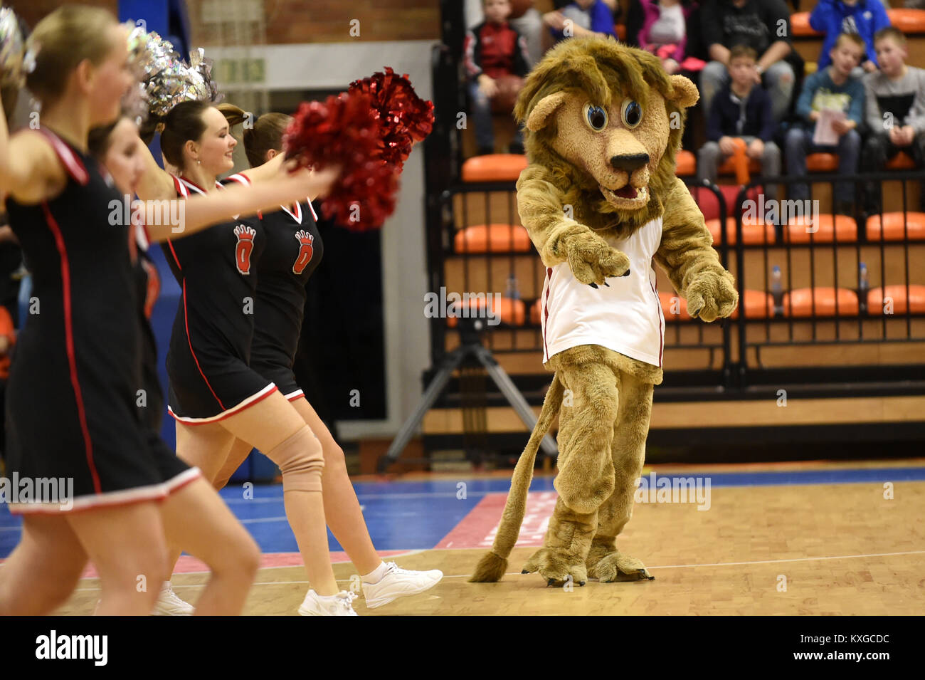 Un lion mascot et cheerleaders au cours de la Ligue des Champions de basket-ball hommes Groupe D 10e ronde vs Nymburk jeu Bonn en Nymburk, en République tchèque, le 9 janvier 2018. (Photo/CTK Josef Vostarek) Banque D'Images