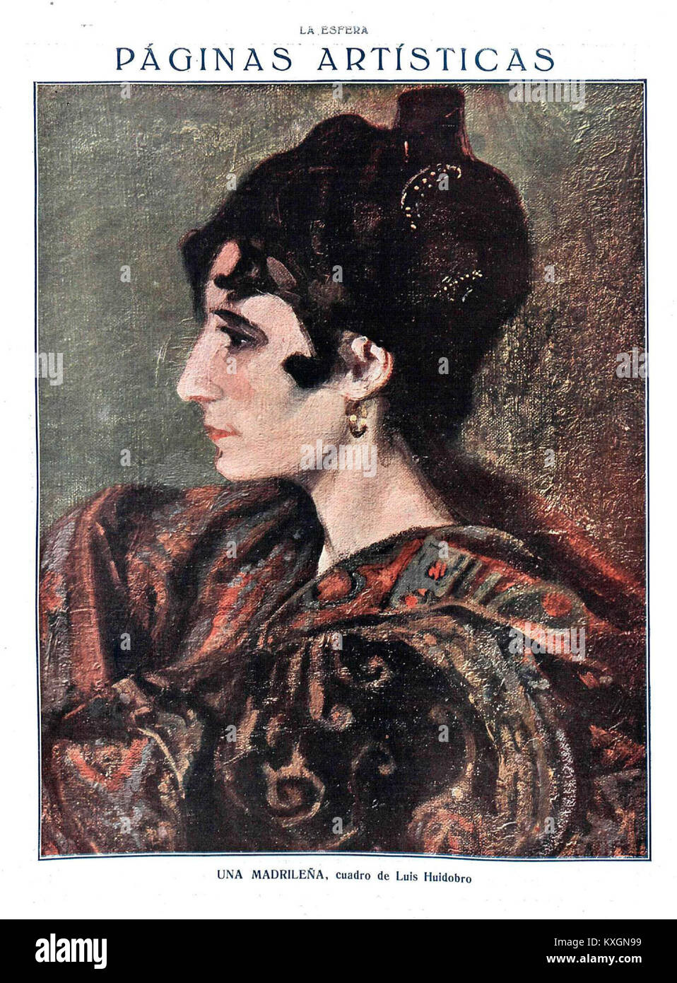 Une illustration de 1917 du magazine la Esfera de Luis Huidobro représente une femme madrilène, illustrant la mode espagnole du début du XXe siècle, l'identité culturelle et l'expression artistique à Madrid. Banque D'Images