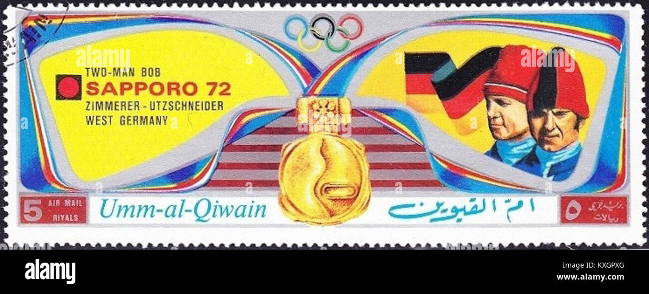 Ce timbre à 1972 d'Umm al-Quwain, qui fait partie des Émirats arabes Unis, a été conçu par Zimmerer et Utzschneider. Il représente les premiers efforts du pays pour établir une identité postale après l’indépendance. Banque D'Images