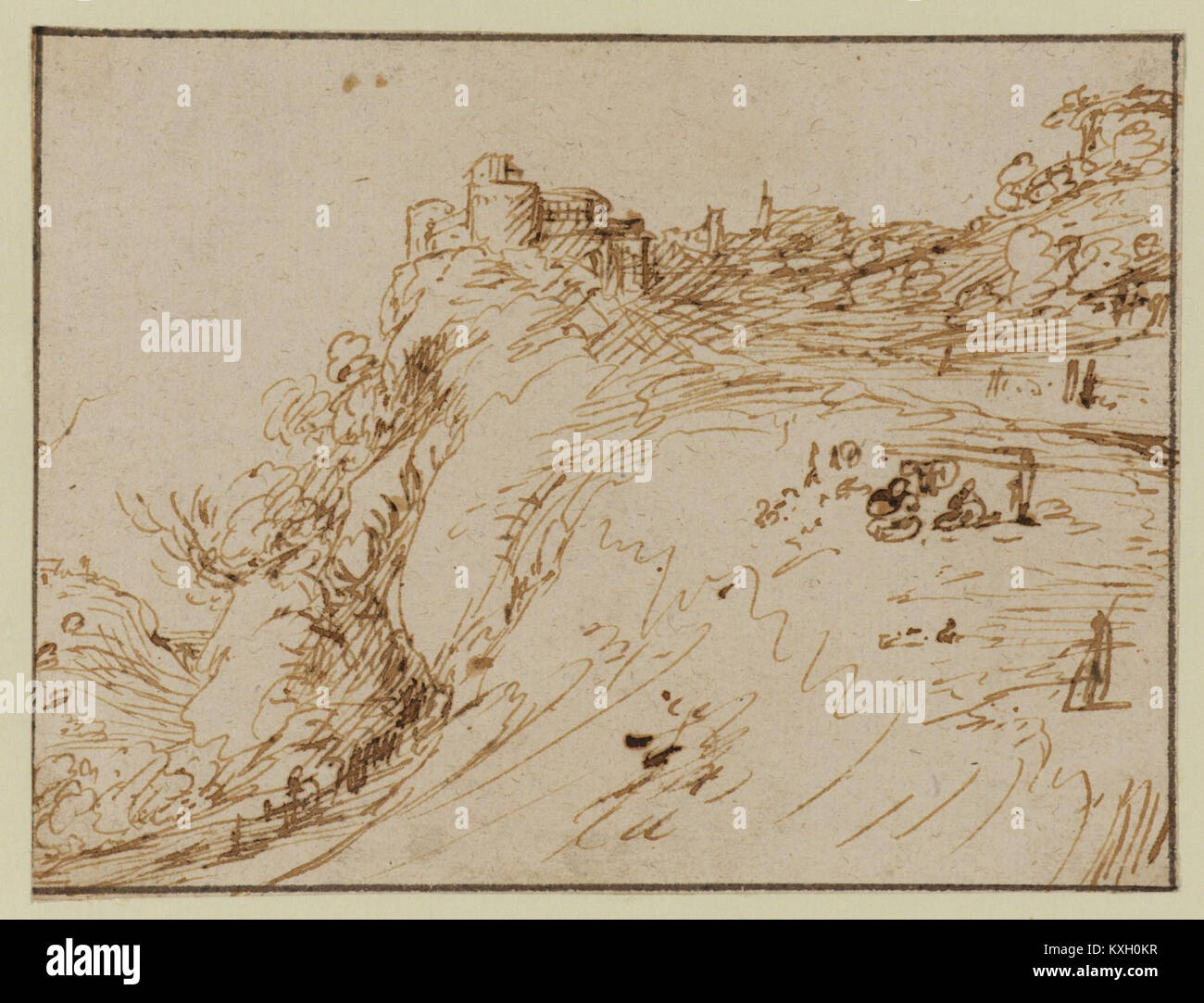 Un paysage avec un bâtiment attribué à Adam Elsheimer montre un cadre rural avec une maison ou une chapelle au milieu d'arbres et d'un terrain lointain, typique du style de composition du début du XVIIe siècle. Banque D'Images