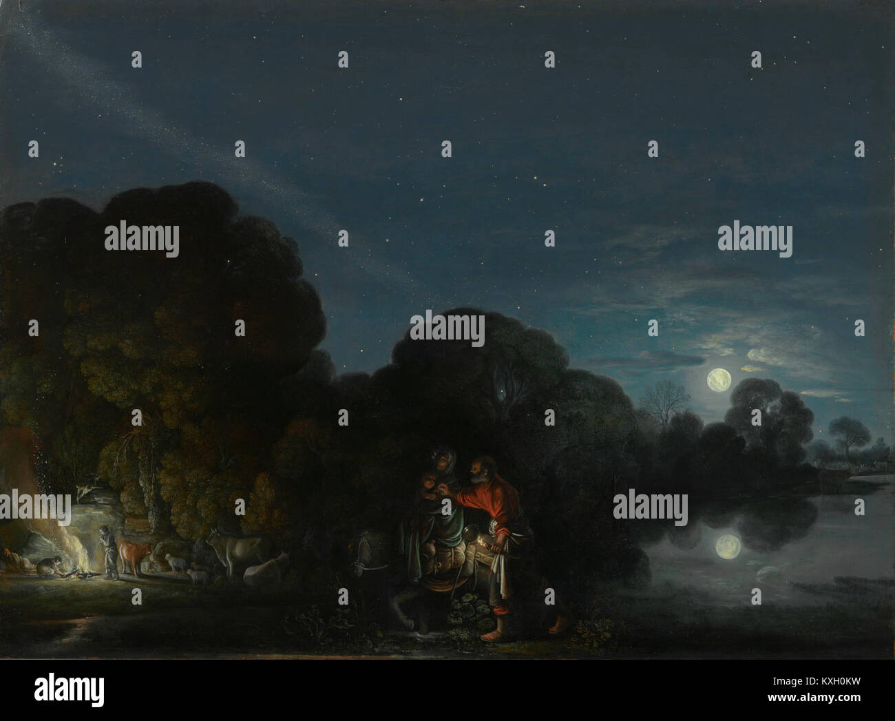 Une peinture d'Adam Elsheimer intitulée « la fuite en Égypte », conservée à l'Alte Pinakothek, représentant une scène biblique avec une attention particulière à la lumière et au paysage dans les Européens du début du XVIIe siècle Banque D'Images