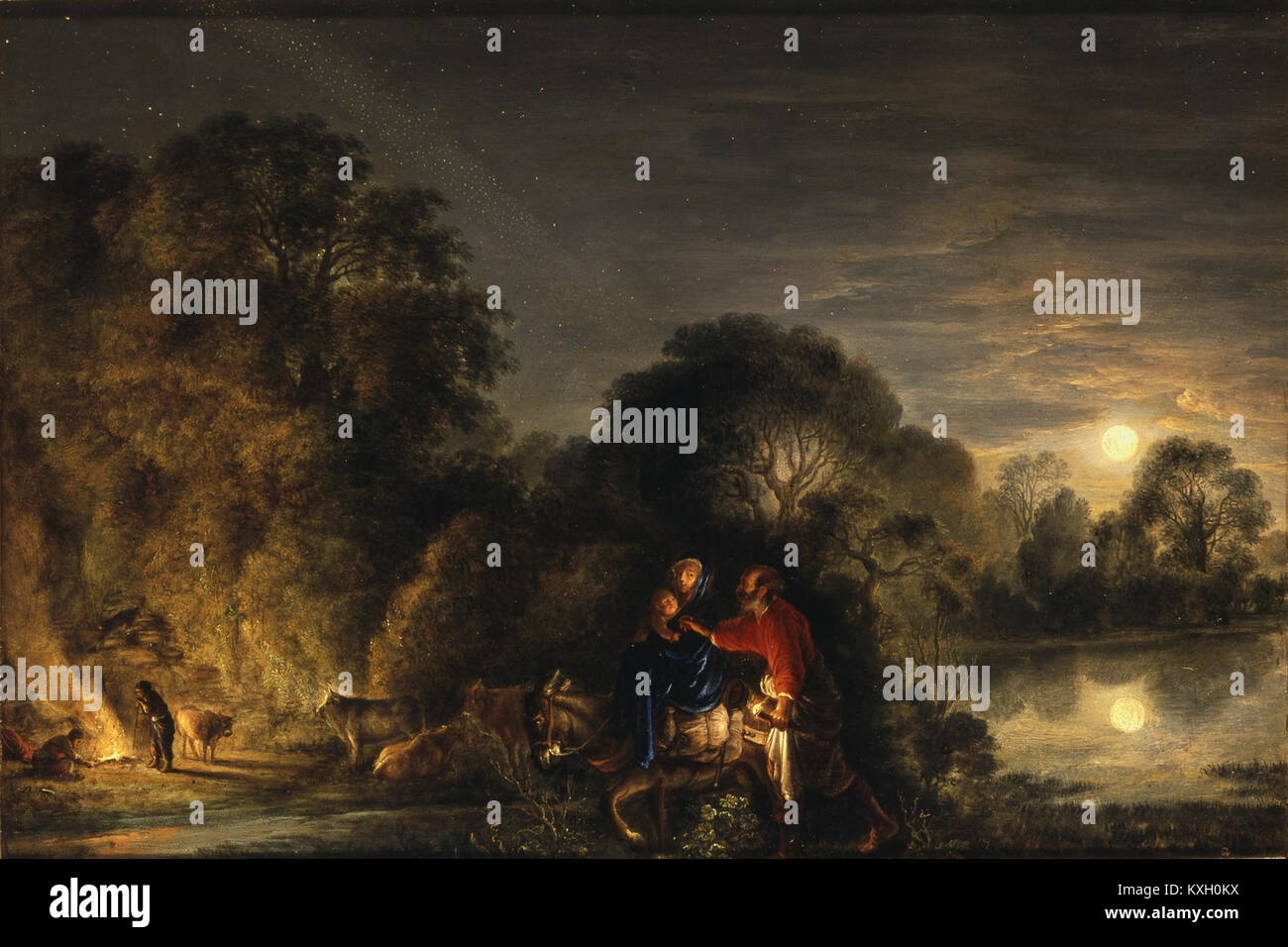 Une peinture baroque ''la fuite en Egypte'' d'Adam Elsheimer, située au Schloss Weißenstein, illustrant la scène biblique avec un paysage détaillé et un éclairage chiaroscuro. Banque D'Images