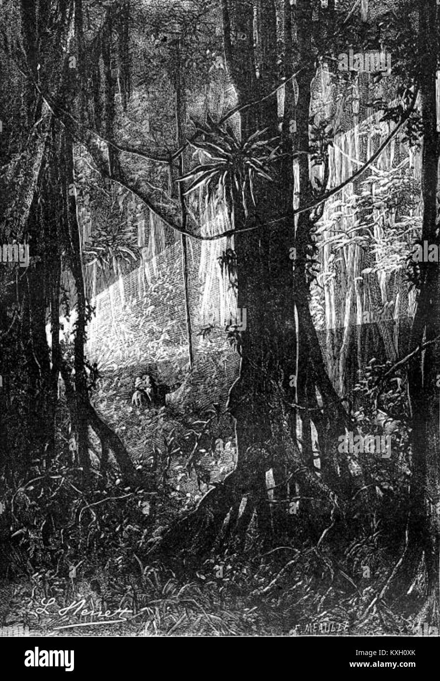 Une illustration tirée de *la Maison de la vapeur* de Léon Benett représente un moment clé du roman, soulignant la fascination victorienne pour la technologie de la vapeur et le progrès industriel. Banque D'Images