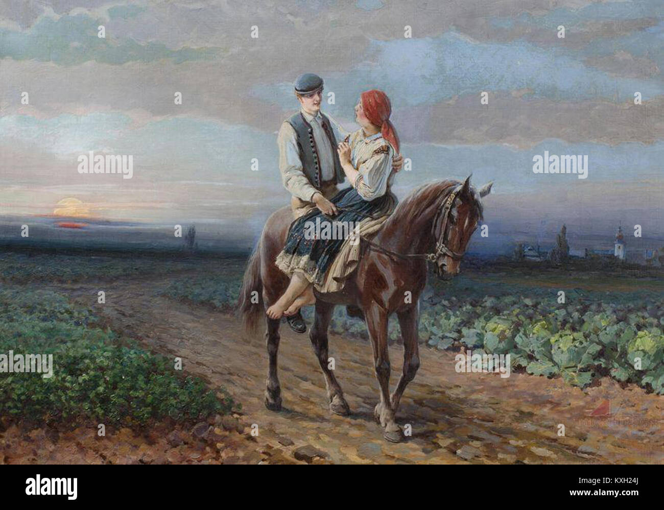 'Zalíbení' du peintre tchèque Adolf Liebscher représente une scène de genre exprimant affection et intimité, caractéristique du romantique tchèque du XIXe siècle Banque D'Images