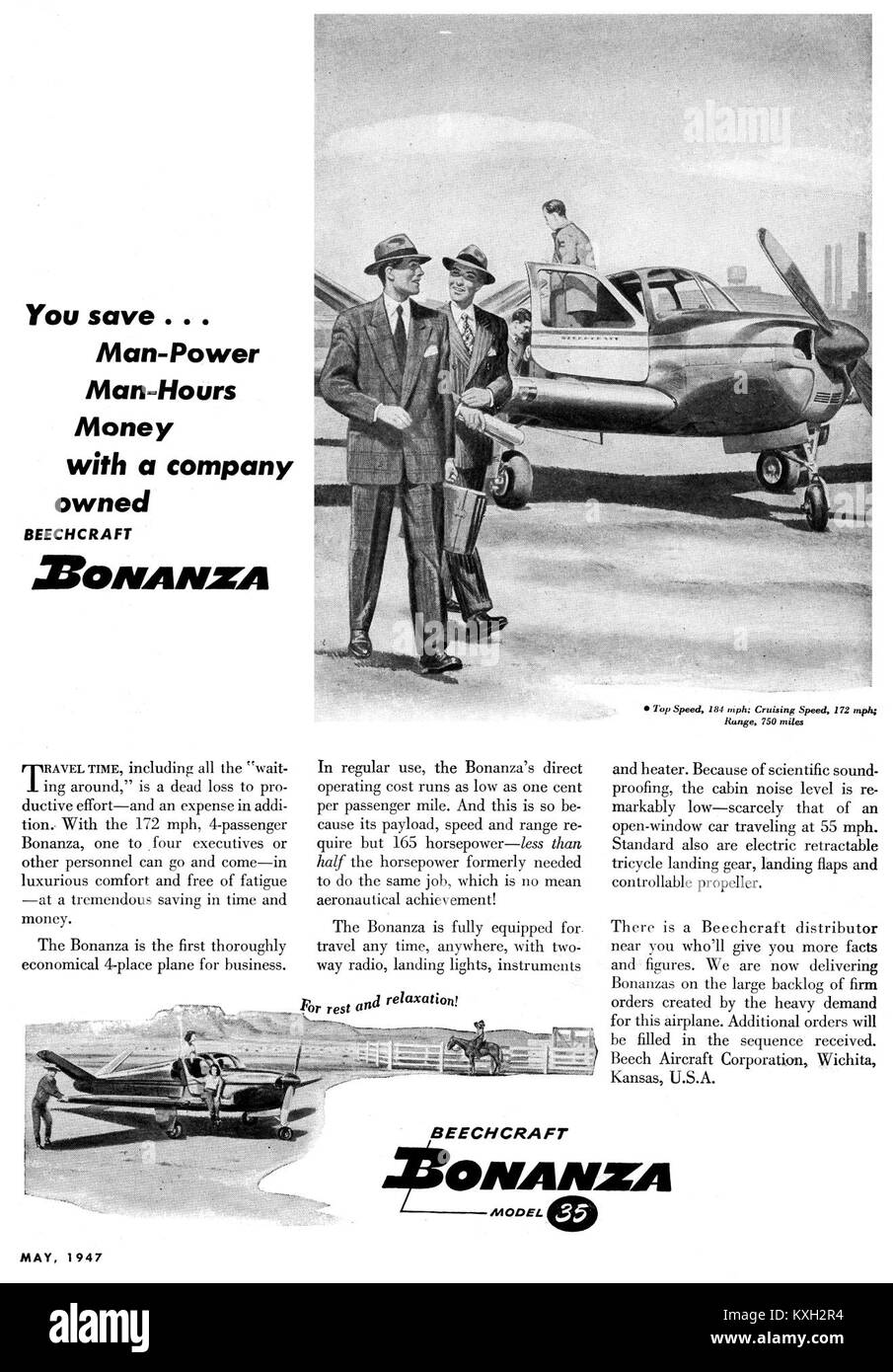 Beechcraft modèle 35 Bonanza avion léger annoncé en mai 1947, connu pour ses performances, sa conception et son utilisation aéronautique après la seconde Guerre mondiale. Banque D'Images