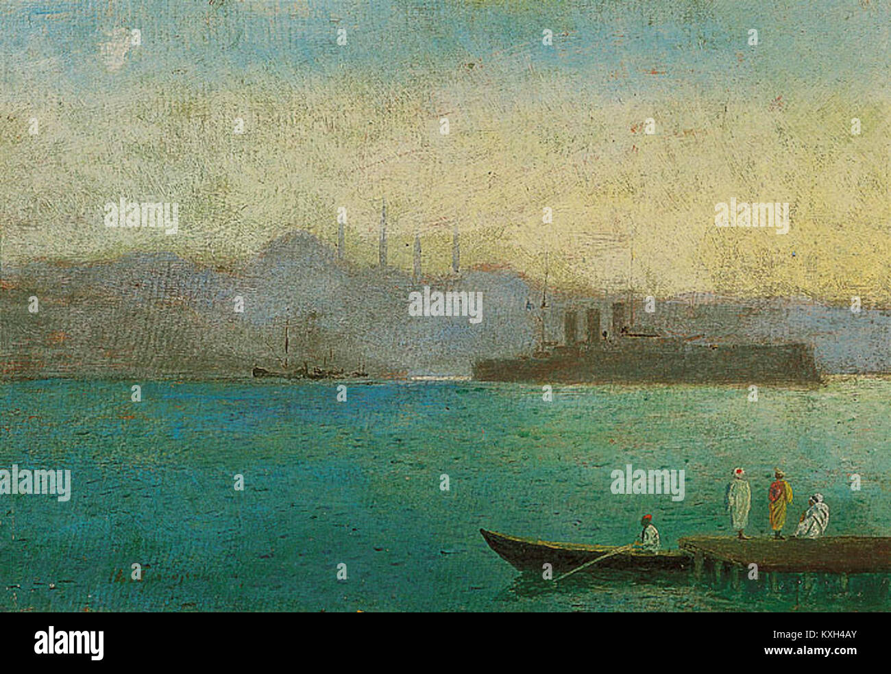 Tableau d'Aimilios Prosalentis représentant le cuirassé grec Georgios Averof à Constantinople, représentant un moment historique de la marine hellénique. Banque D'Images