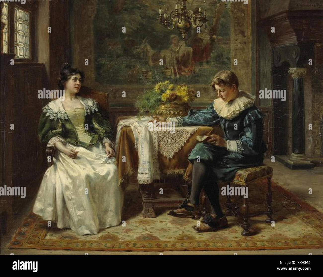 « Une leçon de lecture » d'Albert Friedrich Schröder (1854-1939) est une peinture à l'huile sur panneau montrant un enseignant et un jeune élève dans une salle de classe du XIXe siècle engagés dans l'enseignement de la lecture, reflétant la pratique éducative traditionnelle. Banque D'Images