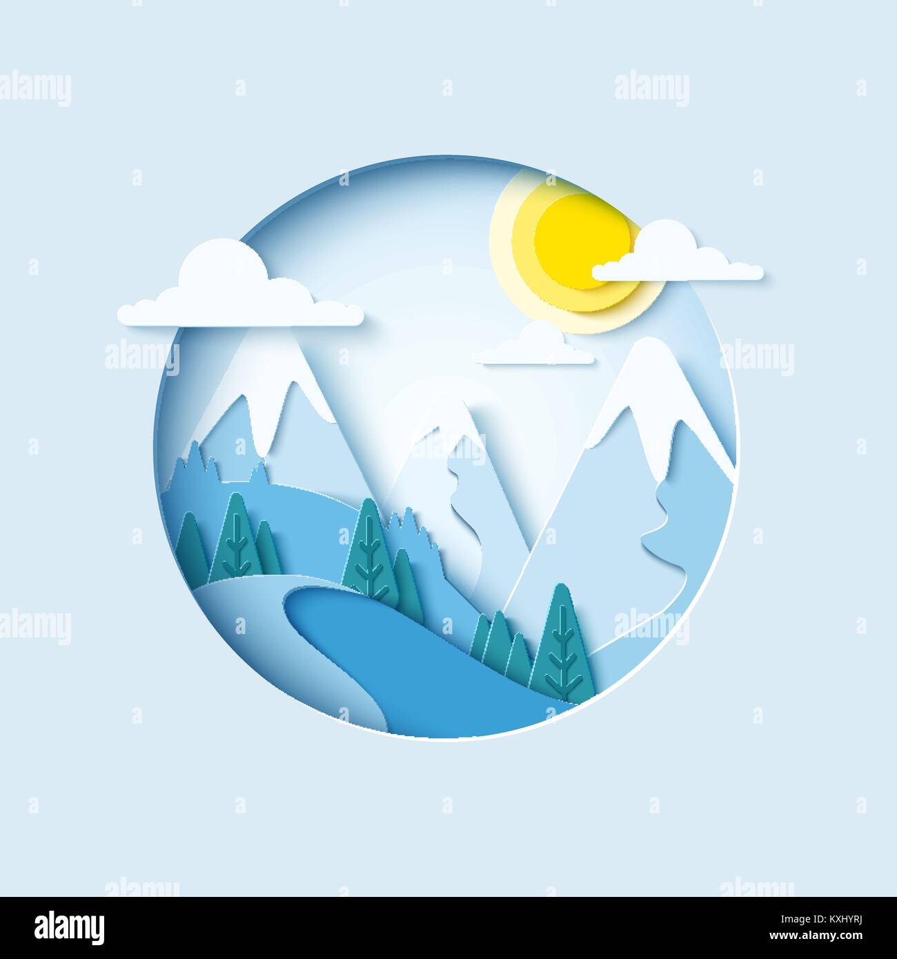 Montagne hiver coupe papier de fond de paysage. Bannière vecteur pour le ski resort Illustration de Vecteur