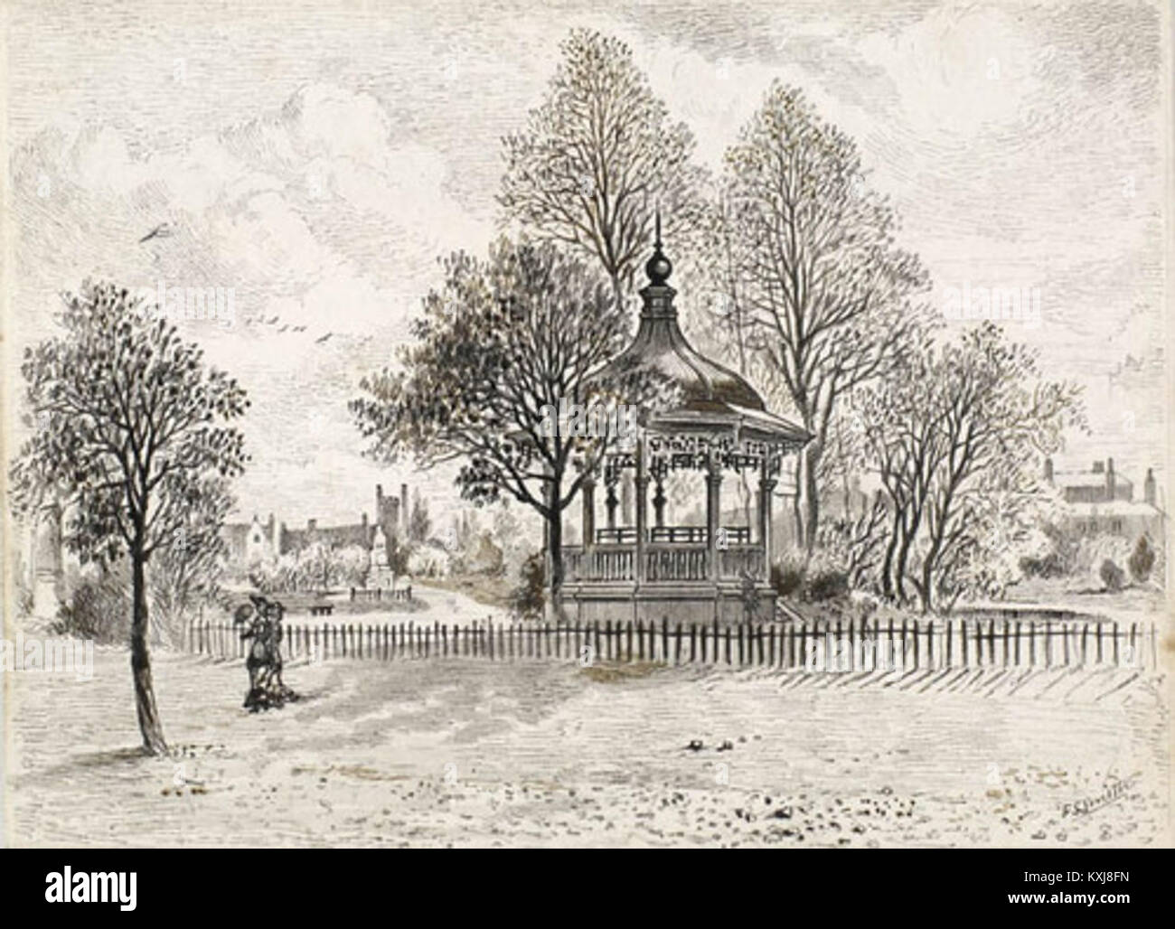 Une photographie du kiosque à musique de Pearson Park, Hull, Angleterre, vers 1886, montrant l'architecture du parc public victorien et la culture des loisirs. Banque D'Images