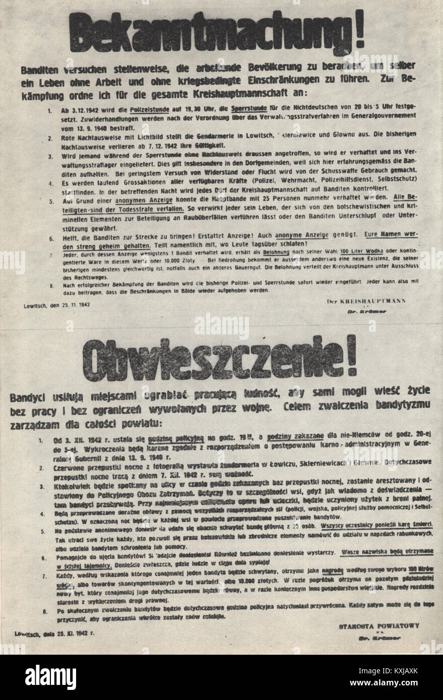 Actions contre les partisans annoncé par Kreishauptman de Łowicz Comté (Pologne occupée, novembre 1942) Banque D'Images