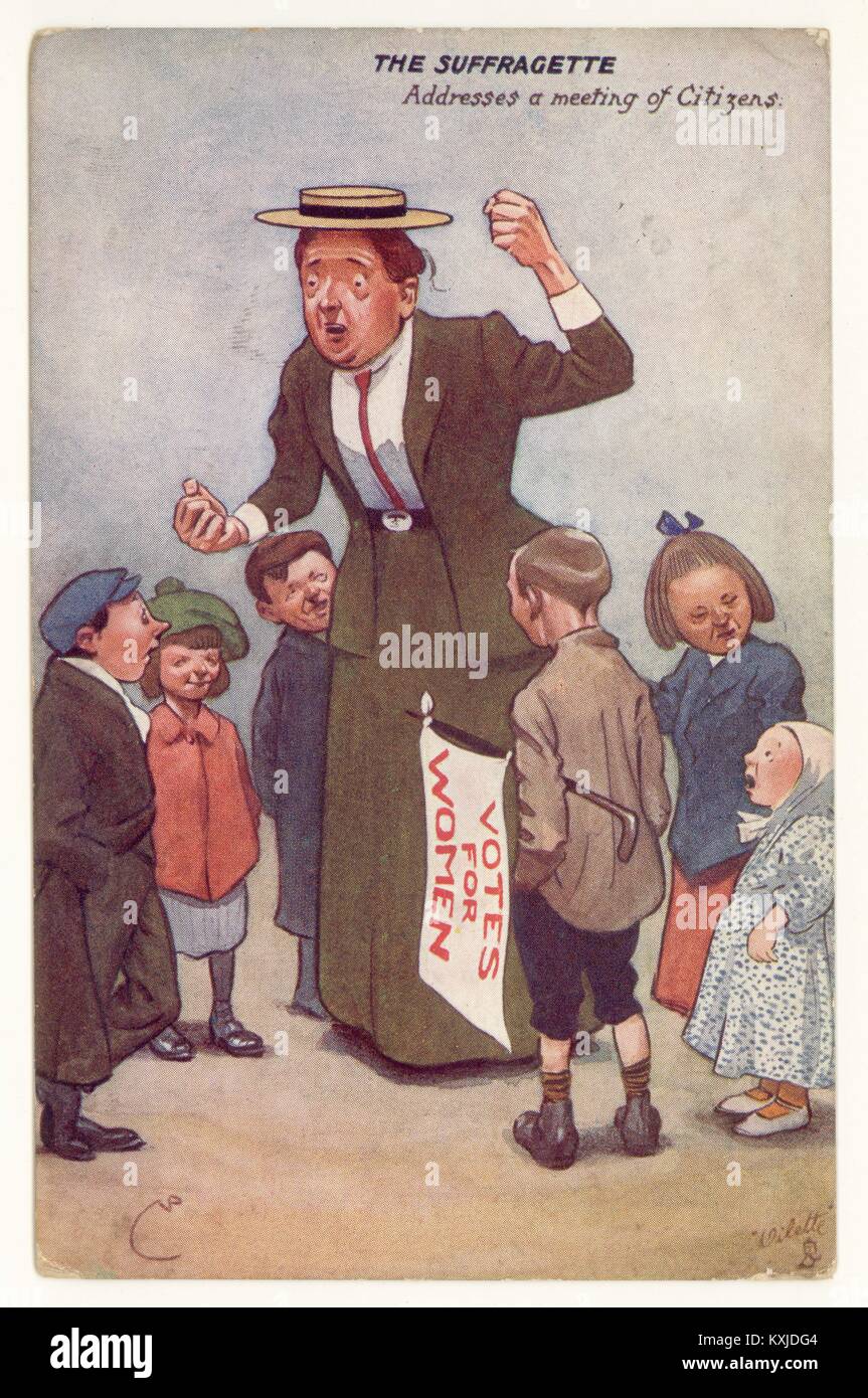 Original misogynie Edwardian anti-suffragette carte postale de propagande comique, intitulée "une rencontre de citoyens", ridiculise et détourne la campagne suffragette - typiquement dépeignant la campagne, forte et en colère femme comme unattractive, publié le 12 novembre 1909, Royaume-Uni Banque D'Images