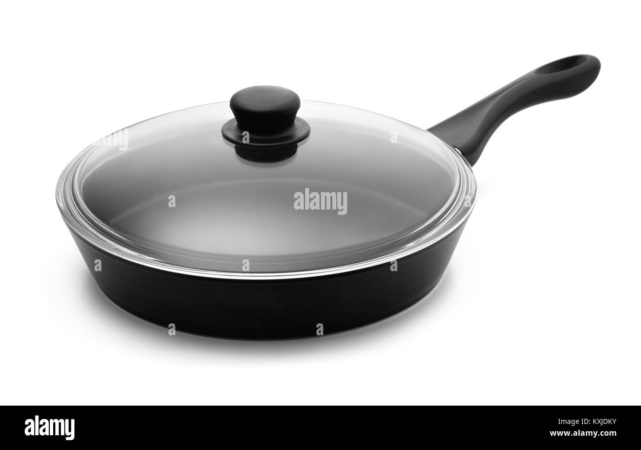 Poêle à frire et couvercle en verre isolated on white Banque D'Images