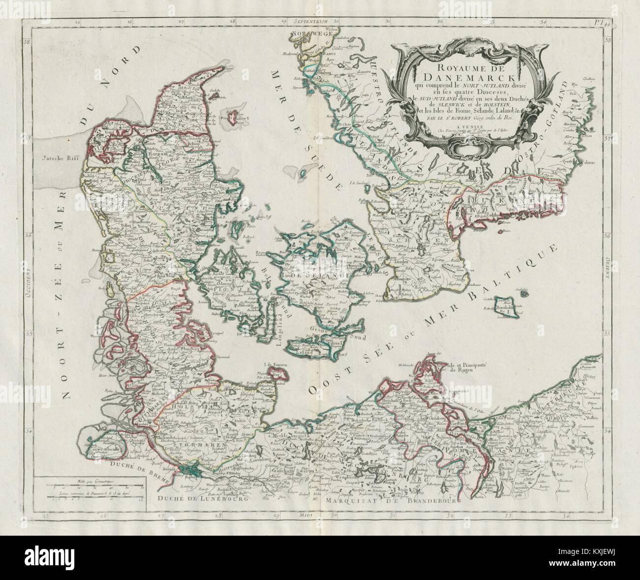 "Royaume de Danemarck…' Le Danemark de la Suède. SANTINI / VAUGONDY 1784 Ancien site Banque D'Images