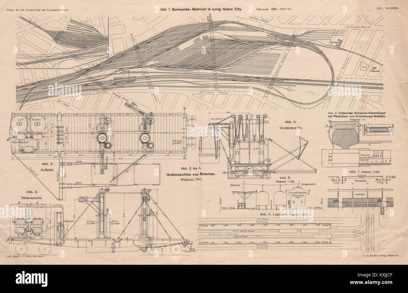 Station Sunnyside, Long Island City, Queens, New York. Bowman grabber crane 1911 map Banque D'Images Station Sunnyside, Long Island City, Queens, New York. Bowman grabber crane 1911 map Banque D'Images