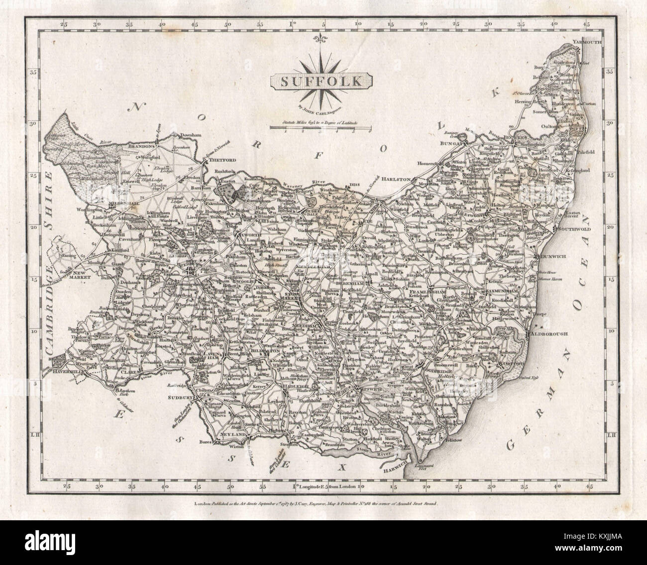 Carte du comté de Suffolk antique par JOHN CARY 1787 vieux plan graphique Banque D'Images
