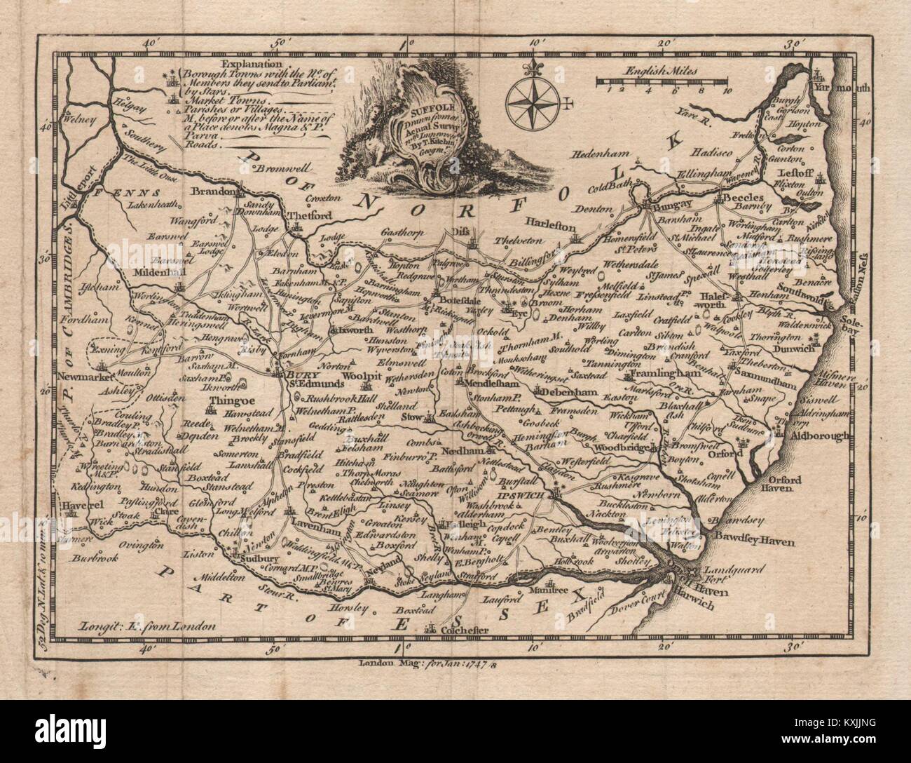 Carte du comté de 'Suffolk, tirés d'une enquête réelle…'. KITCHIN 1748 ancien Banque D'Images
