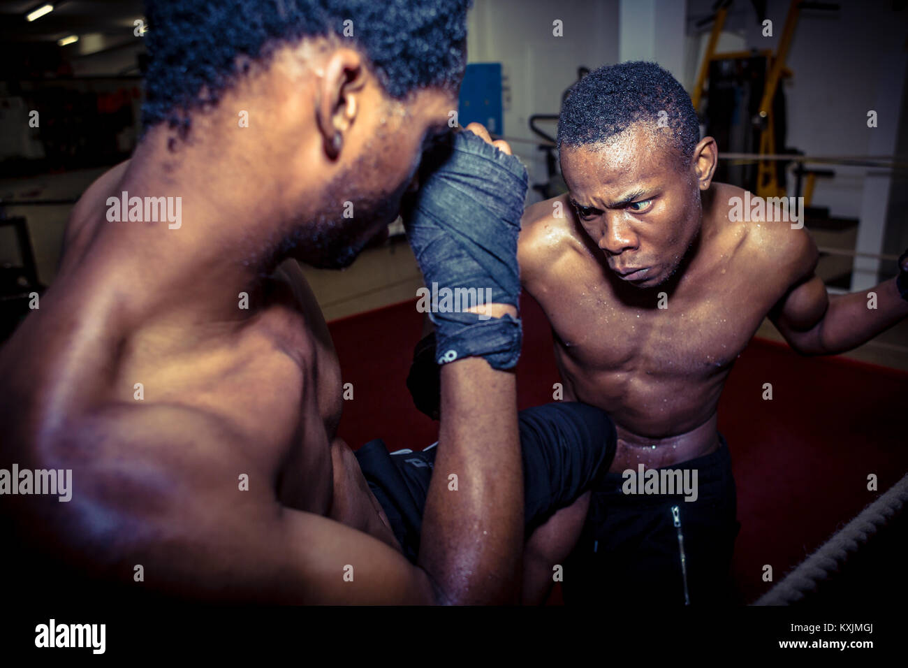 Offensive déterminée fighter frapper son adversaire tout en practici Banque D'Images