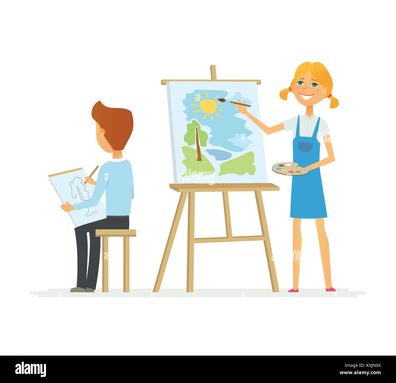 Deux enfants en classe de dessin - cartoon illustration isolé des caractères des gens Illustration de Vecteur