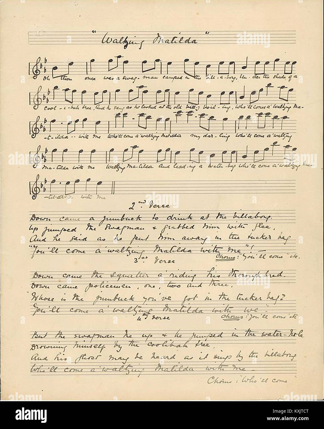 Paroles originales de Waltzing Matilda c.1895 La Musique par Christina Rutherford Macpherson, Banjo Paterson par mots Banque D'Images