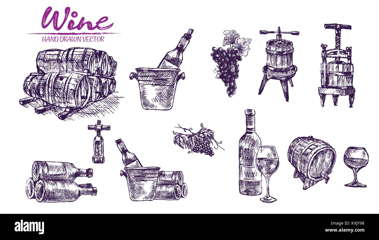 Vecteur de couleur numérique set bundle ligne détaillées art vintage purple tonneaux de vin en bois empilé à la main illustration set. Contour crayon artistique fine Illustration de Vecteur