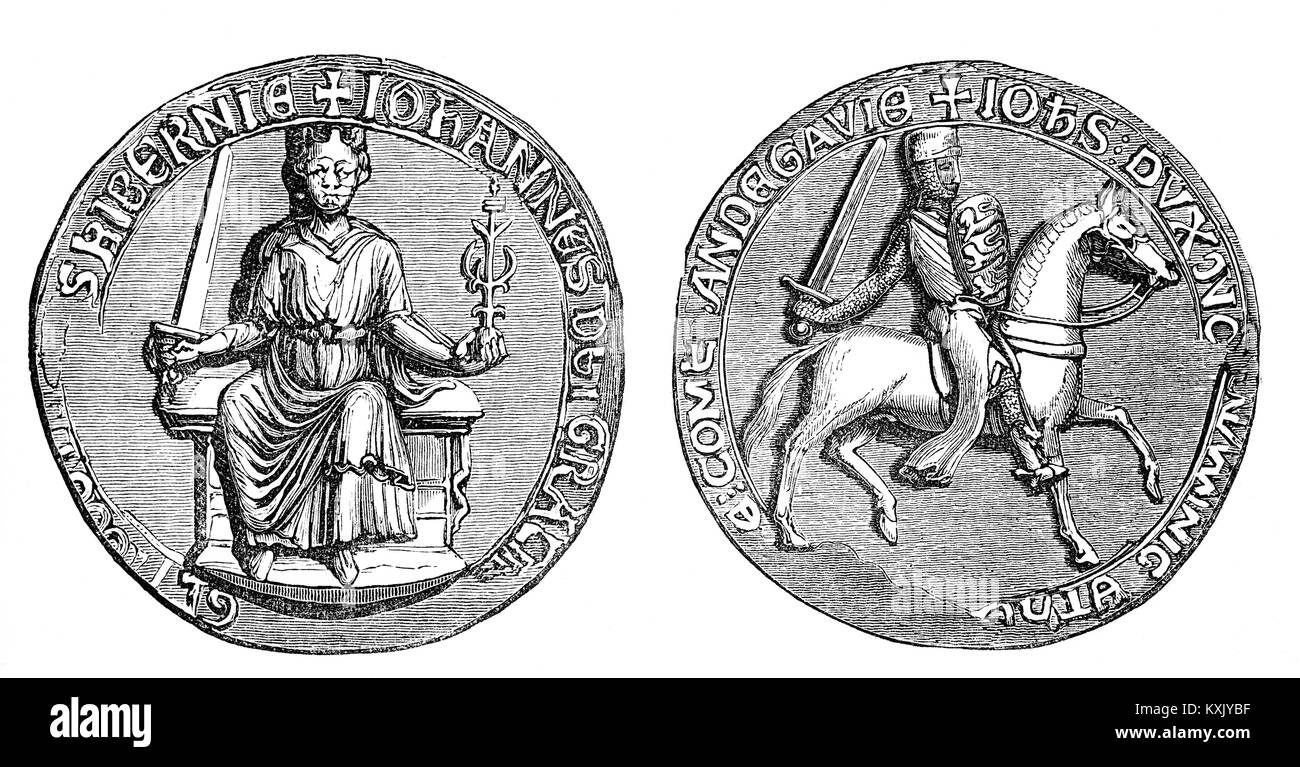 Le grand sceau du Roi Jean (1166 - 1216), était un sceau utilisé pour symboliser l'approbation du Souverain de l'état important de documents. John a également connu sous le nom de Jean Sans Terre était roi d'Angleterre à partir du 6 avril 1199 jusqu'à sa mort en 1216. C'était la révolte des barons à la fin du règne de Jean a conduit à l'étanchéité de la Magna Carta, un document parfois considéré comme l'une des premières étapes dans l'évolution de la constitution du Royaume-Uni. Banque D'Images