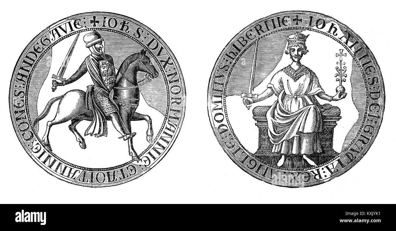 King John's seal à la Magna Carta. La Magna Carta Libertatum (Latin médiéval pour "la Grande Charte des libertés"), alias grande Charte ; et la Grande Charte a été accepté par le roi Jean d'Angleterre à Runnymede, près de Windsor, le 15 juin 1215. Elle a été rédigée par l'archevêque de Canterbury à faire la paix entre le roi impopulaire et un groupe de barons rebelles. Il avait promis la protection des droits de l'église, la protection pour les barons de l'emprisonnement illégal, l'accès à la justice, SWIFT et les limitations sur les paiements à l'état féodal. Banque D'Images