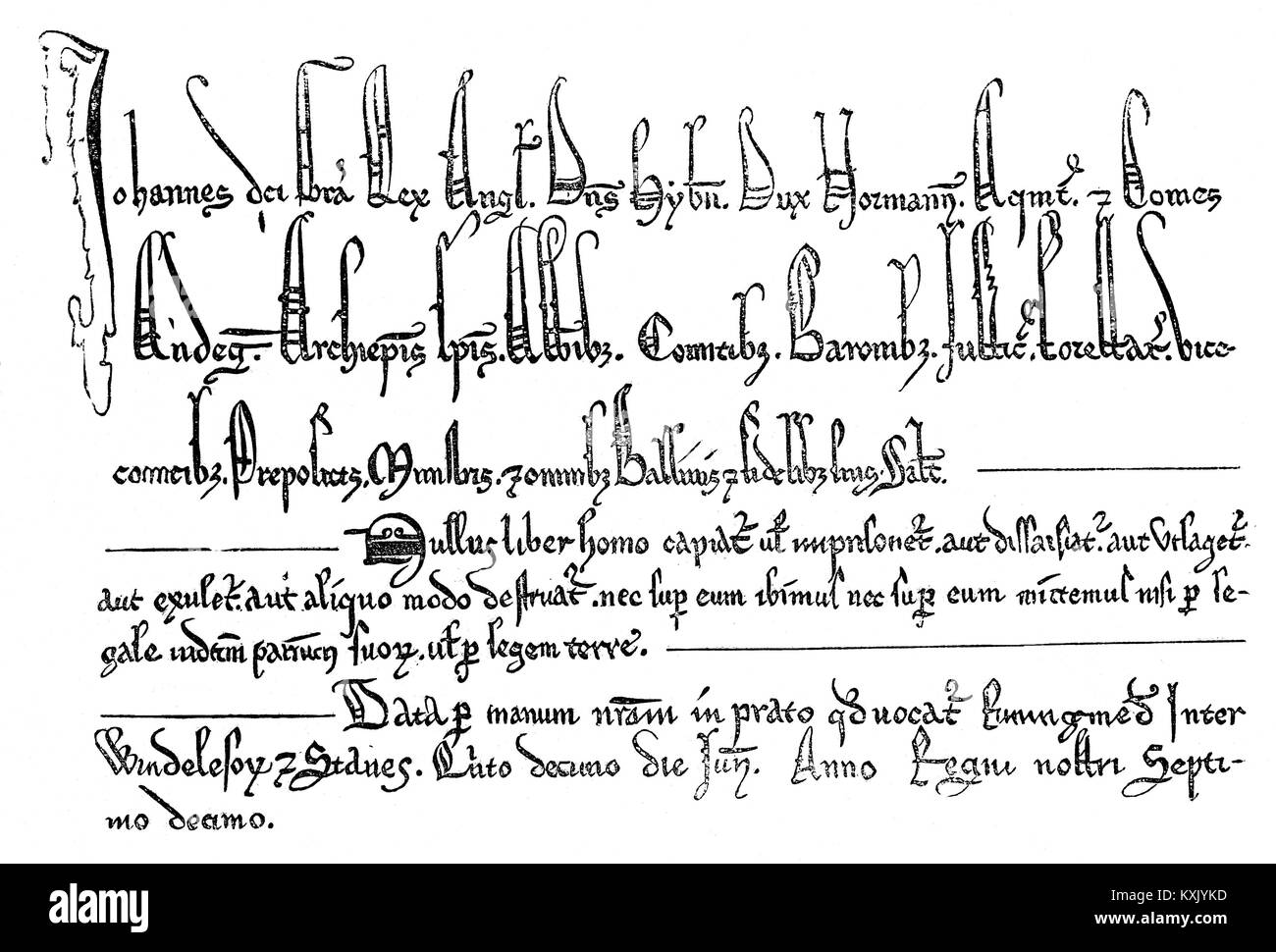 Un extrait de la Magna Carta Libertatum (Latin médiéval pour "la Grande Charte des libertés"), alias grande Charte ; et la Grande Charte a été accepté par le roi Jean d'Angleterre à Runnymede, près de Windsor, le 15 juin 1215. Elle a été rédigée par l'archevêque de Canterbury à faire la paix entre le roi impopulaire et un groupe de barons rebelles. Il avait promis la protection des droits de l'église, la protection pour les barons de l'emprisonnement illégal, l'accès à la justice, SWIFT et les limitations sur les paiements à l'état féodal. Banque D'Images