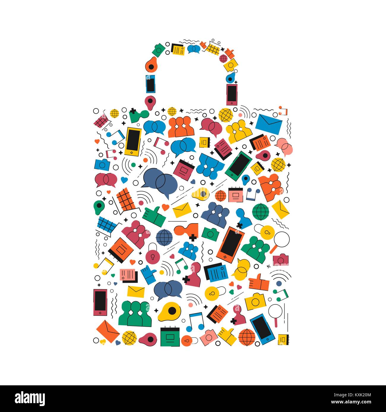 Shopping sac fait de style coloré télévision social media icons. Vente en ligne concept illustration comprend comme, téléphone, photo, chat de symboles. Vecteur EPS10. Illustration de Vecteur