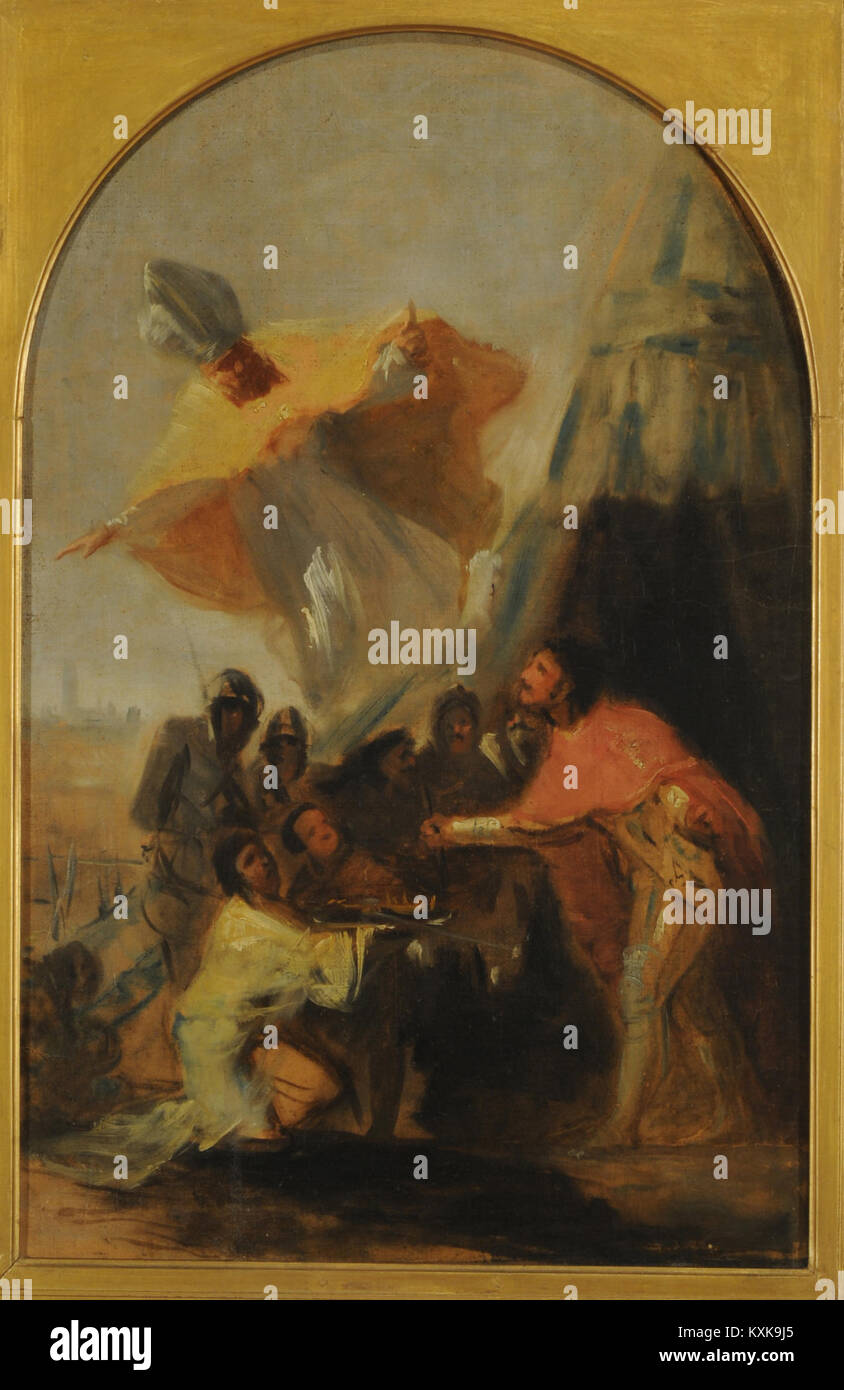 Tableau de Francisco José de Goya montrant Saint Isidore apparaissant au roi Ferdinand le Saint près des murs de Séville, illustrant un événement religieux historique. Banque D'Images