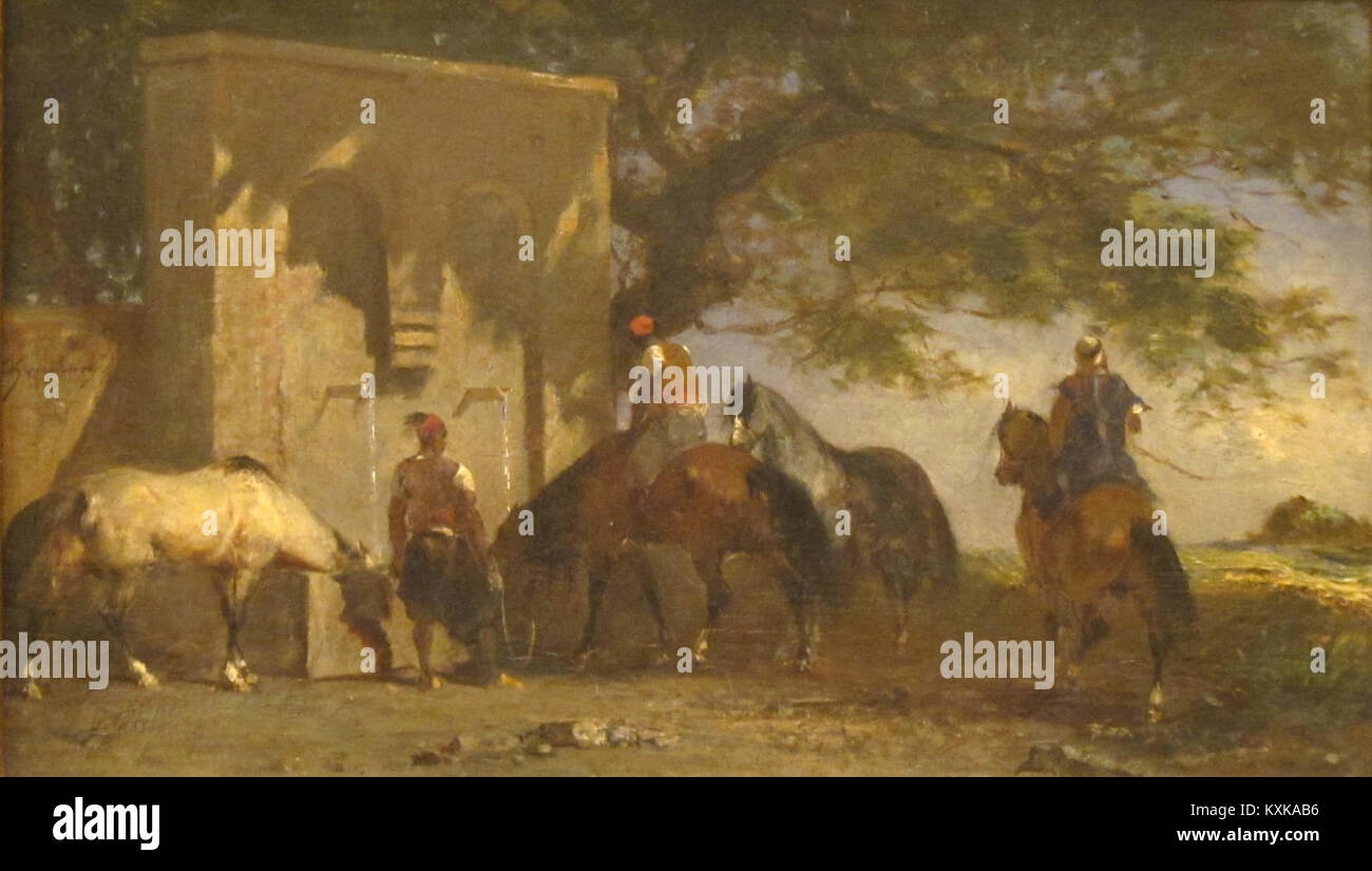 « Arabes arrosant leurs chevaux » est une peinture orientaliste du XIXe siècle d'Eugène Fromentin, représentant des cavaliers bédouins au repos près d'un abreuvoir du désert. L'œuvre est conservée au San Diego Museum of Art. Banque D'Images