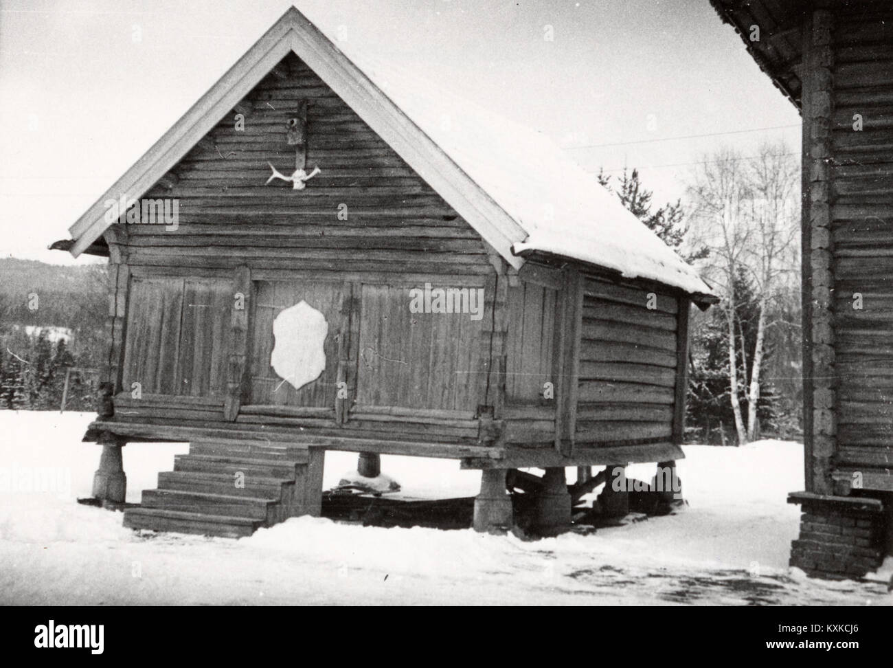 Une photographie de Bjøre à Buskerud, Norvège, montrant un paysage rural avec des bâtiments agricoles traditionnels en bois, typiques de l'architecture rurale norvégienne et du patrimoine agricole. Banque D'Images