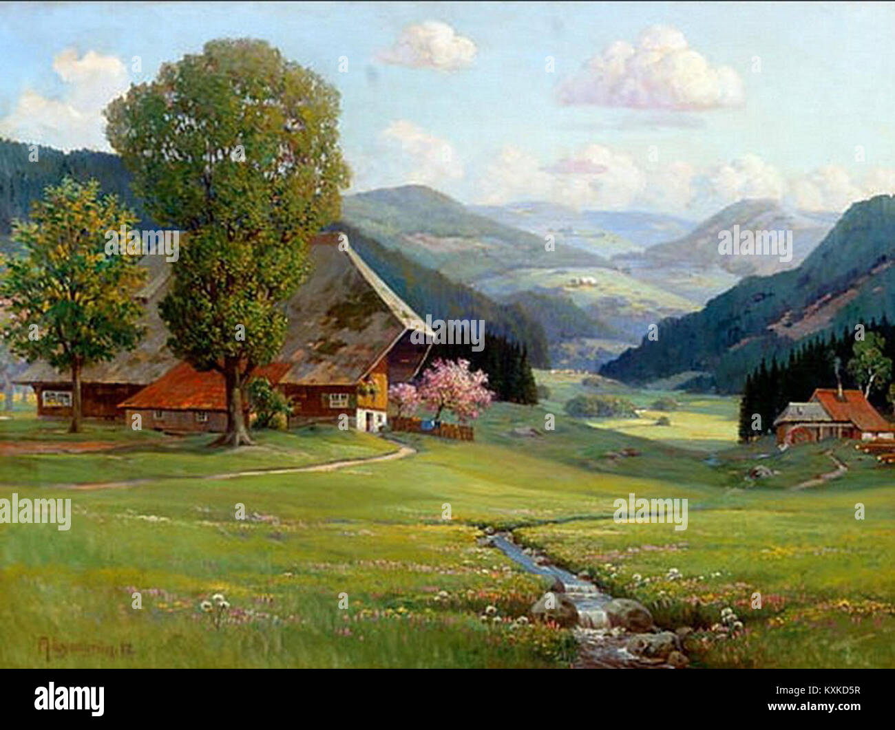 Le tableau « printemps dans la Forêt Noire » d'Arnold Lyongren (1912) représente la saison printanière, mettant en vedette les paysages luxuriants de la région de la Forêt Noire en Allemagne. Banque D'Images