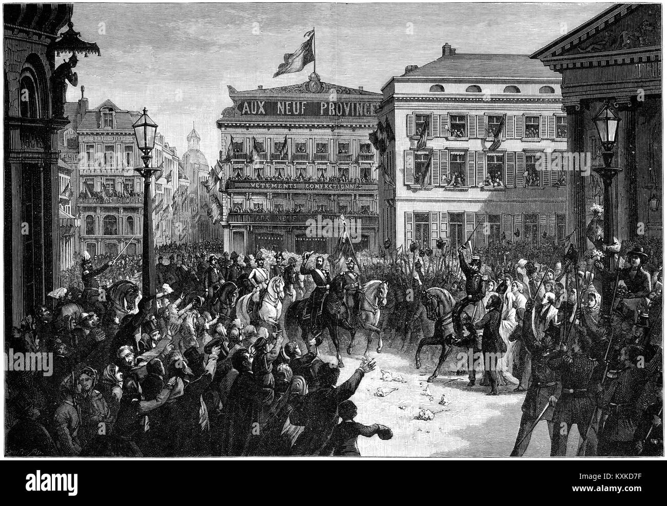 Cette image représente l’arrivée du roi Léopold II au Théâtre de la monnaie à Bruxelles le 17 décembre 1865, marquant son ascension au trône. L’événement est un moment important de l’histoire belge. Banque D'Images