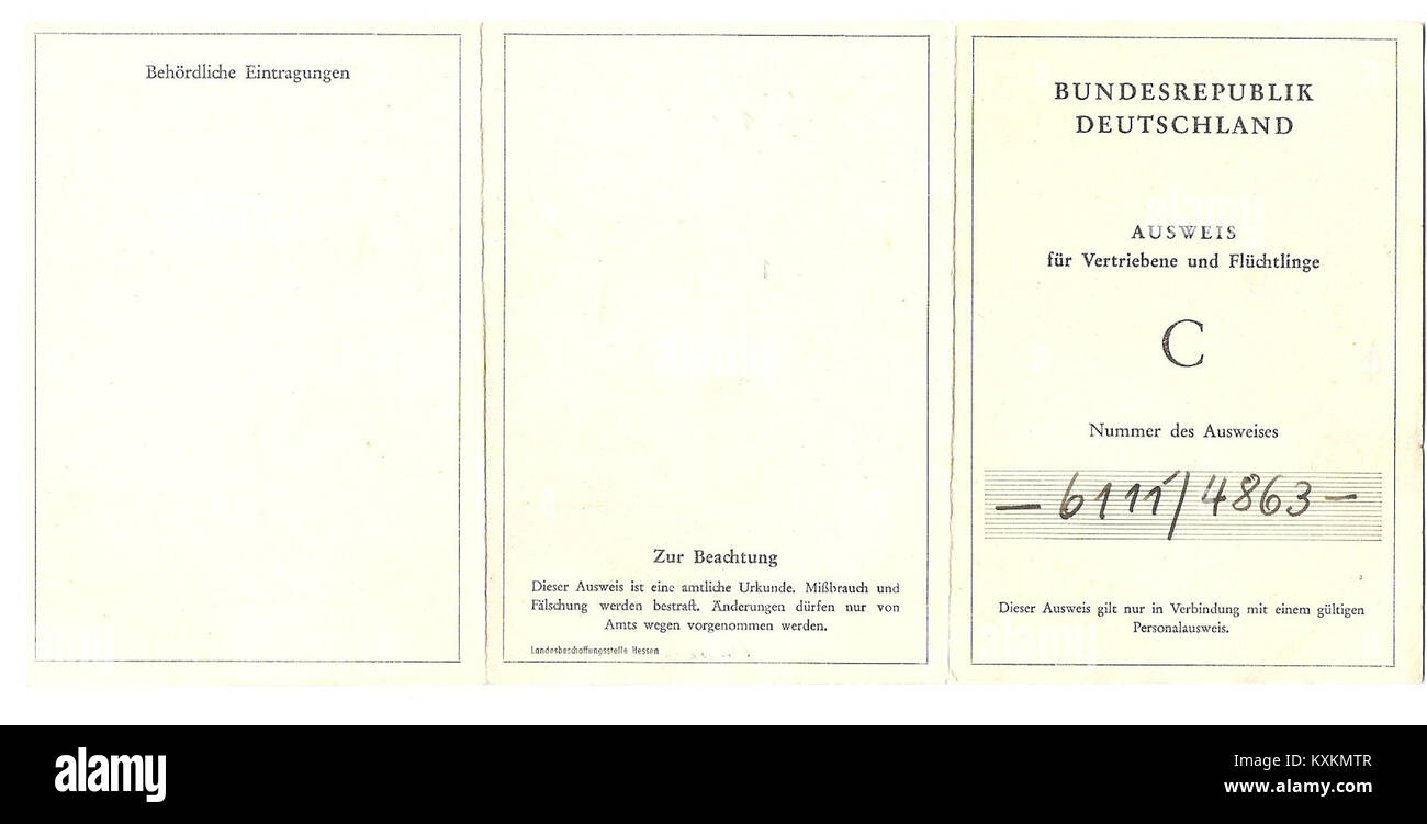 Ausweis für Vertriebene und Flüchtlinge 1933-1945 C Vorderseite Banque D'Images