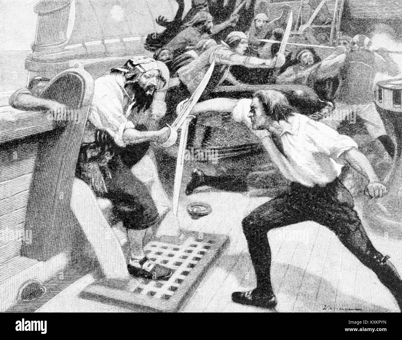 La peinture de George Edmund Varian « Barbe Noire Boarding Maynard's Ships » décrit la rencontre navale de 1718 entre les pirates Barbe Noire et les forces navales britanniques dirigées par le lieutenant Robert Maynard. Banque D'Images