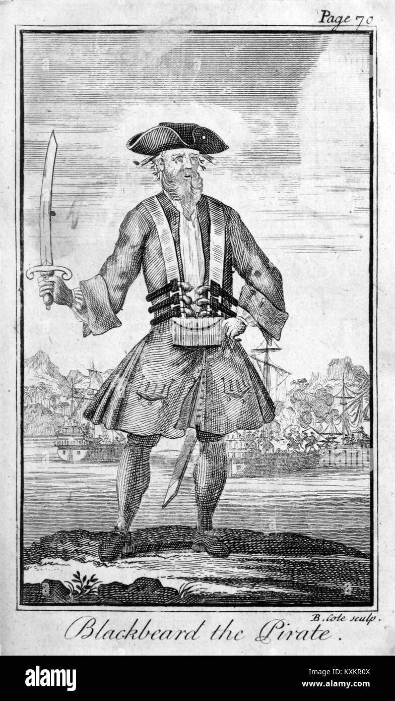 Barbe Noire, ou Edward Teach, était un pirate anglais actif au début du XVIIIe siècle, connu pour ses attaques dans les Antilles et les colonies américaines et reconnu pour son apparence redoutable. Banque D'Images
