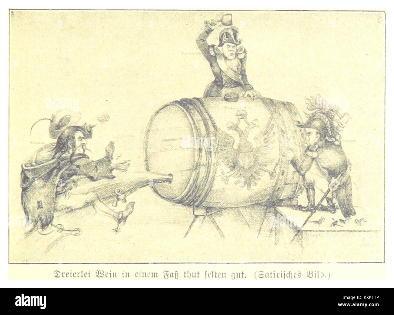 Une caricature de 1898 intitulée 'Dreierlei Wein in in einem Faß thut selten Gut', illustre avec humour l'idée que le mélange de trois types de vin finit rarement bien. Banque D'Images